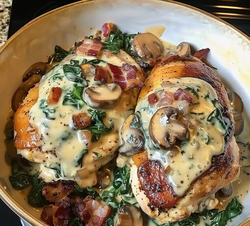 Pollo soffocato con spinaci cremosi, pancetta e funghi