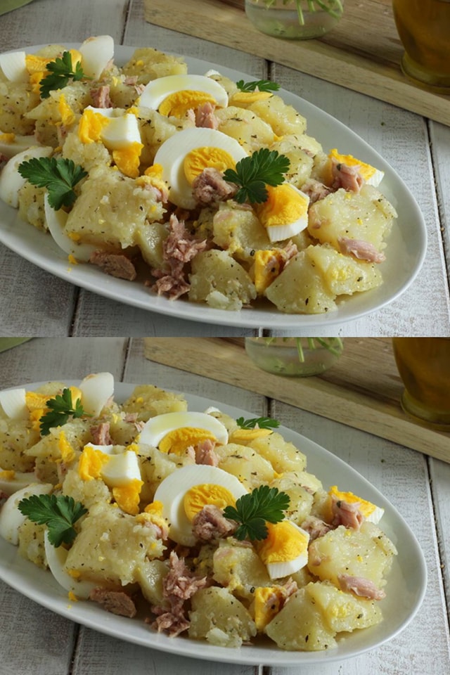 Insalata di patate con uova e tonno
