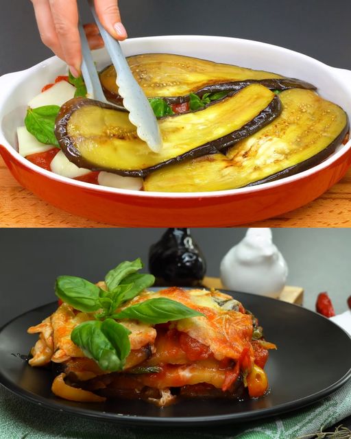 Parmigiana classica di melanzane con mozzarella e basilico