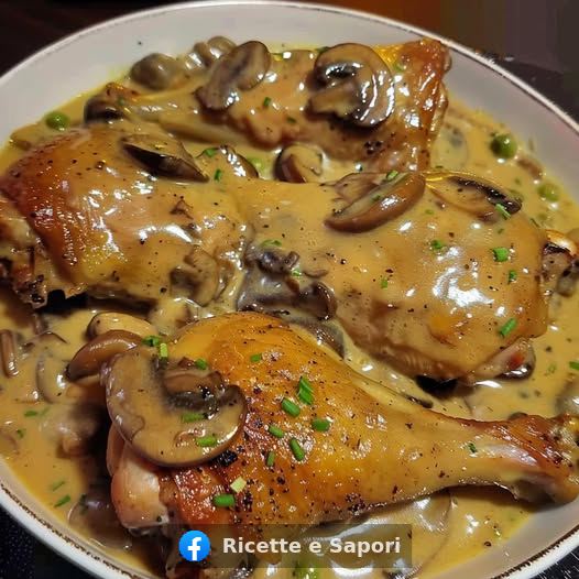 Cosce di pollo al forno con salsa cremosa ai funghi