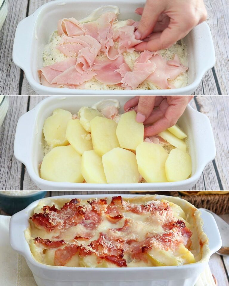 Patate gratinate: la ricetta del piatto cremoso e saporito con prosciutto cotto e besciamella