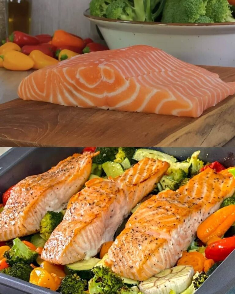 Salmone dorato e verdure arrostite con salsa cremosa alla senape