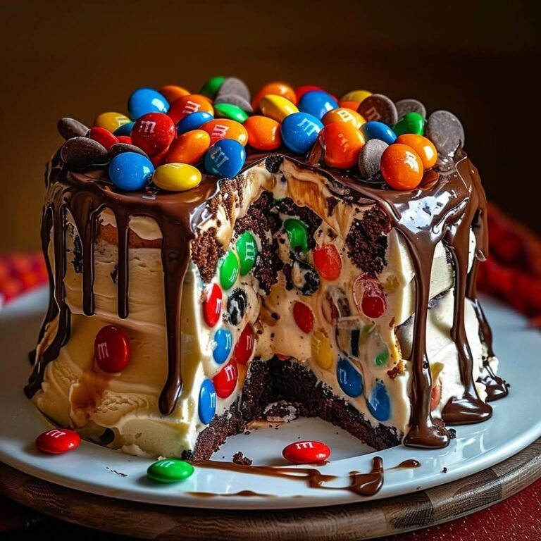 Chocolate M&M’s & Cookie Dough Ice Cream Cake (with Vanilla & Cookies n’ Cream Ice Cream)