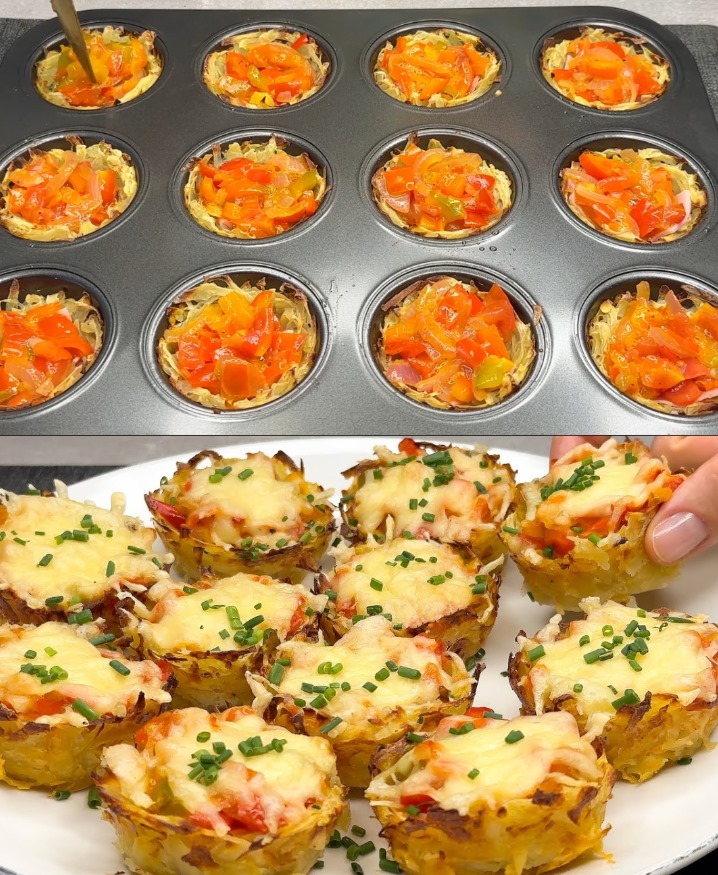 Muffin di patate grattugiate con peperoni, cipolle e prosciutto