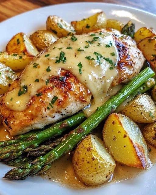 Pollo al miele e senape con asparagi arrostiti e formaggio