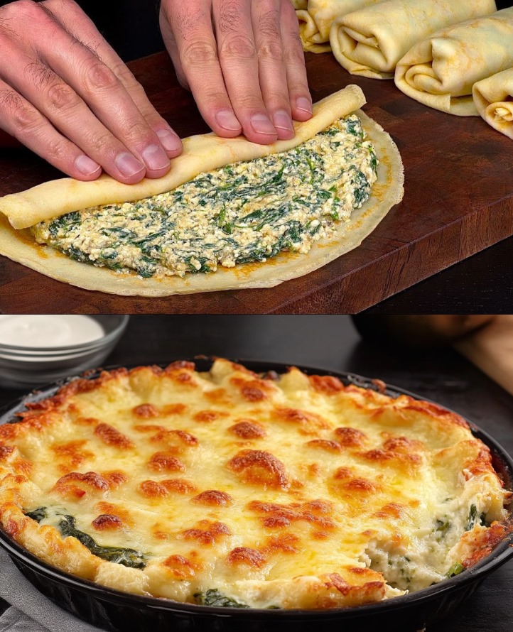 Torta salata di spinaci e ricotta con salsa al formaggio blu