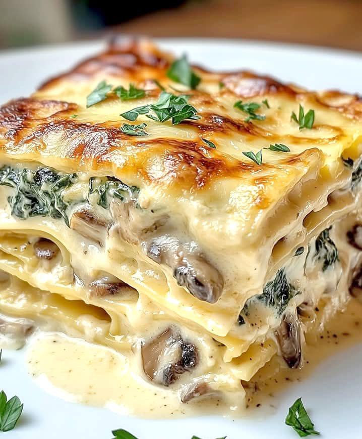 Lasagna cremosa di spinaci e funghi