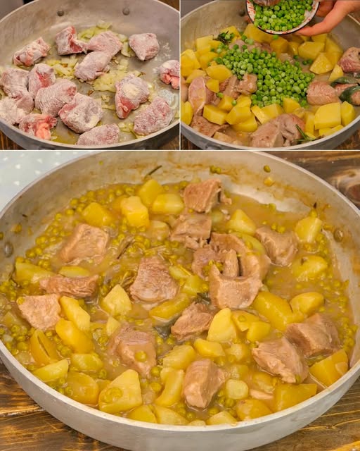 Tenero, morbido e saporito! Lo spezzatino con patate e piselli è un piatto unico ricco di sapore, la ricetta: Ingredienti:  500 g spezzatino di vitello 500 ml brodo vegetale  La ricetta è nel primo commento👇 Buon appetito ❤️👇