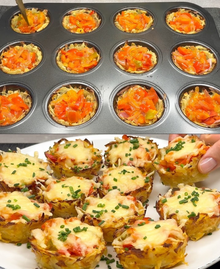 Muffin di patate grattugiate con peperoni, cipolle e prosciutto