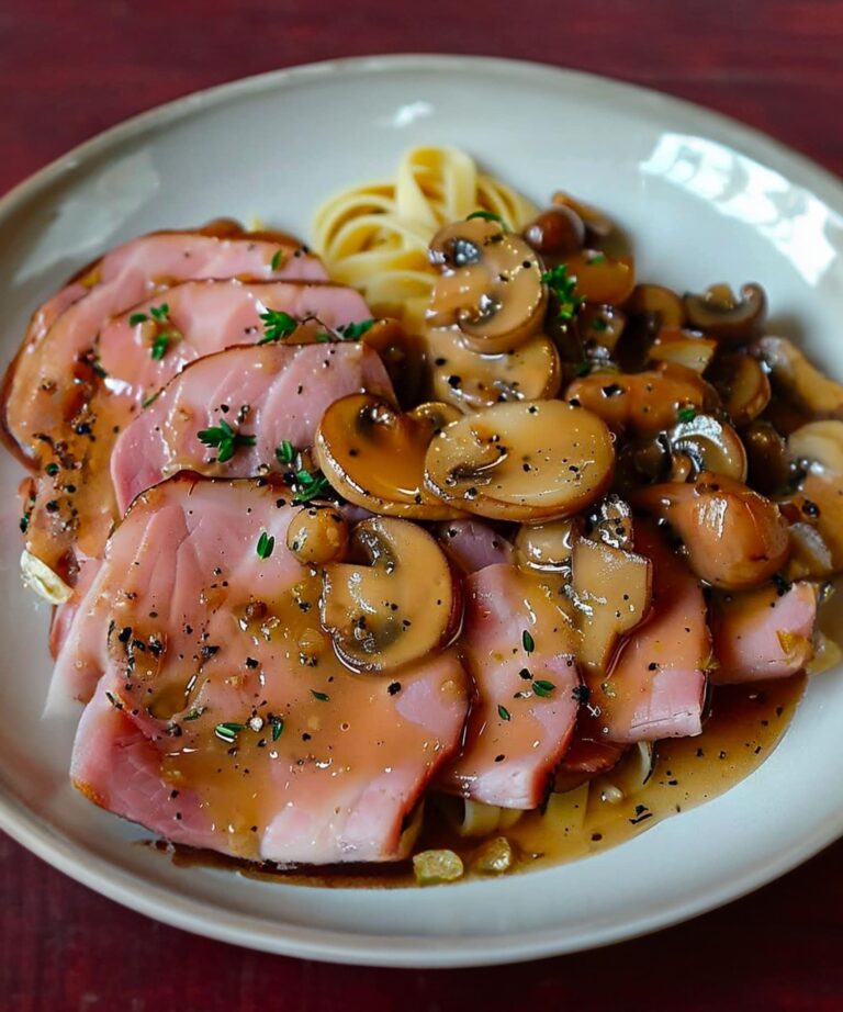 Prosciutto in salsa Madeira con funghi e tagliatelle