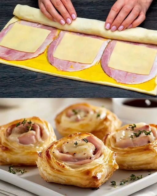 Rotoli di pasta sfoglia con prosciutto e formaggio