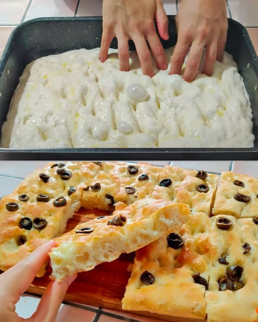 Piena di bolle, alta e soffice! È la focaccia alle olive più buona che ci sia 😋 Salva la ricetta: