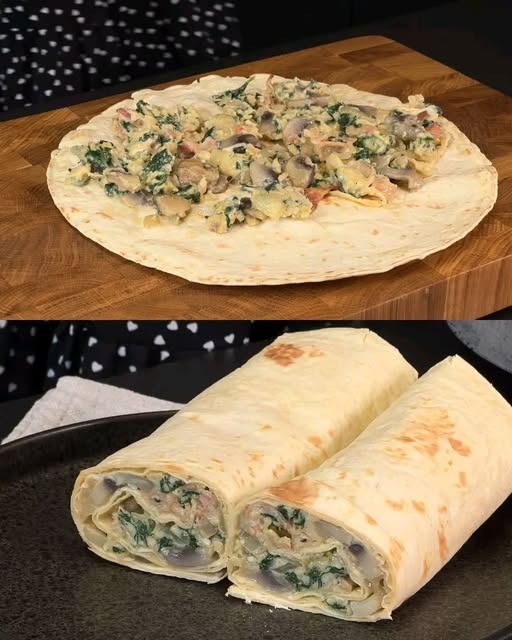 Tortilla wrap per la colazione con spinaci, funghi e pancetta