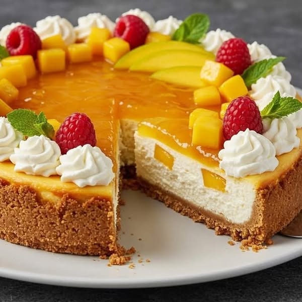 CHEESECAKE AL MANGO CON UN TOCCO DI FORMAGGIO CHANTILLY E LAMPONI