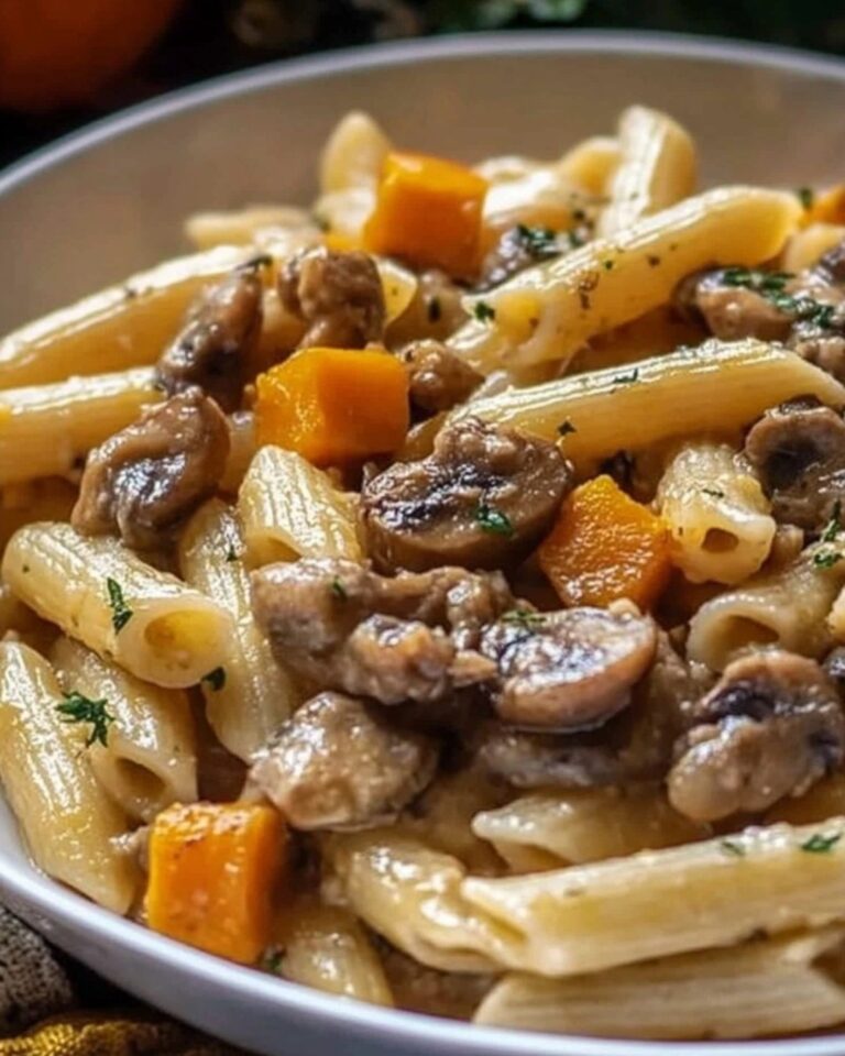 Penne con polpette, funghi e zucca butternut