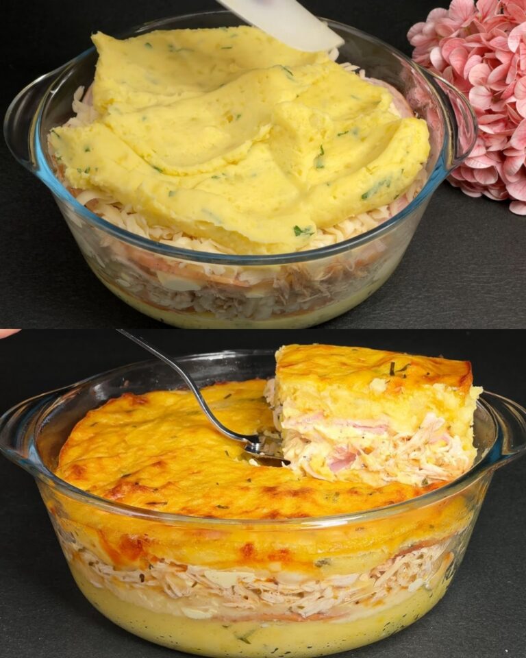 Sformato di pollo e patate al formaggio con salsa all’aglio e aneto