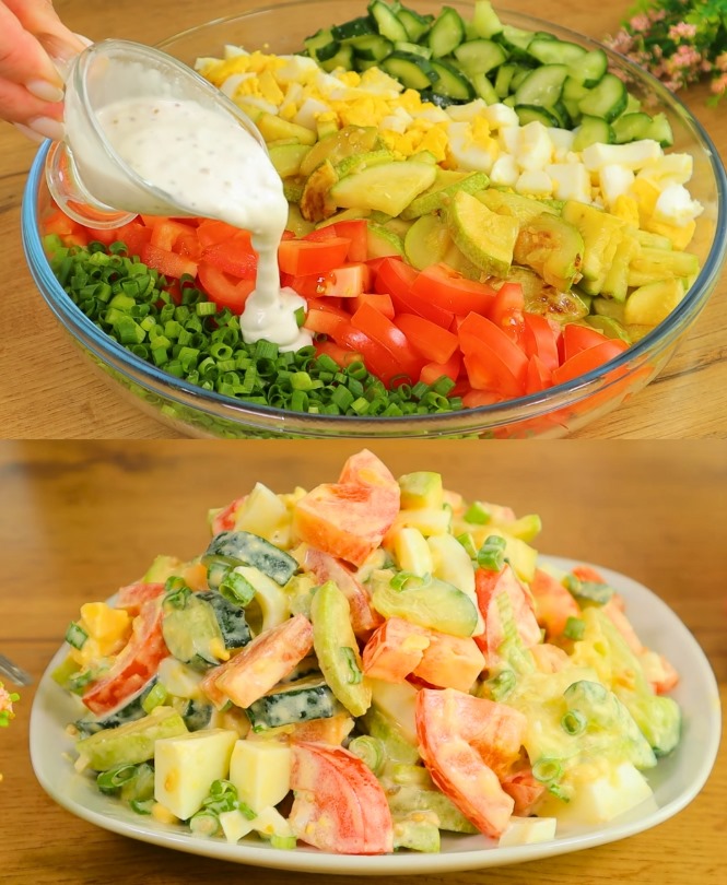 Insalata di verdure con aglio, condimento allo yogurt e zucchine