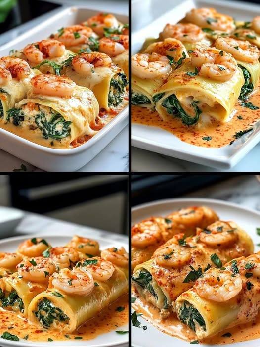Involtini di pasta ripieni di gamberi e spinaci, accompagnati da una crema di peperoni rossi arrostiti!