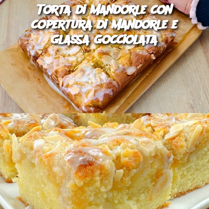 Torta di mandorle con copertura di mandorle e glassa gocciolata