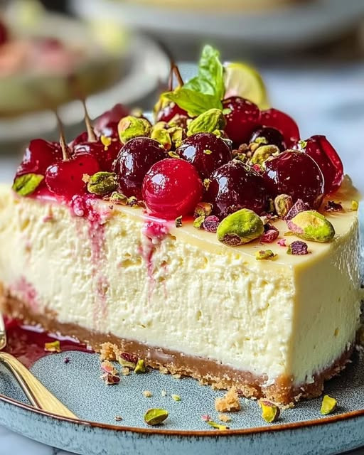 Cheesecake al limone, lime, ciliegie e pistacchi