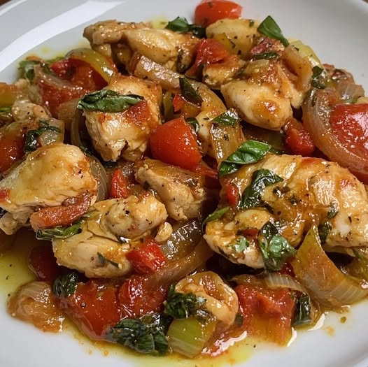 Petti di pollo con cipolla, pomodorini e rughetta