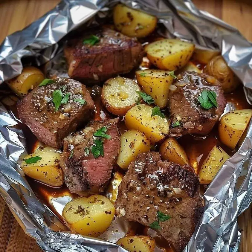 Succulente bistecca all’aglio e buste di patate