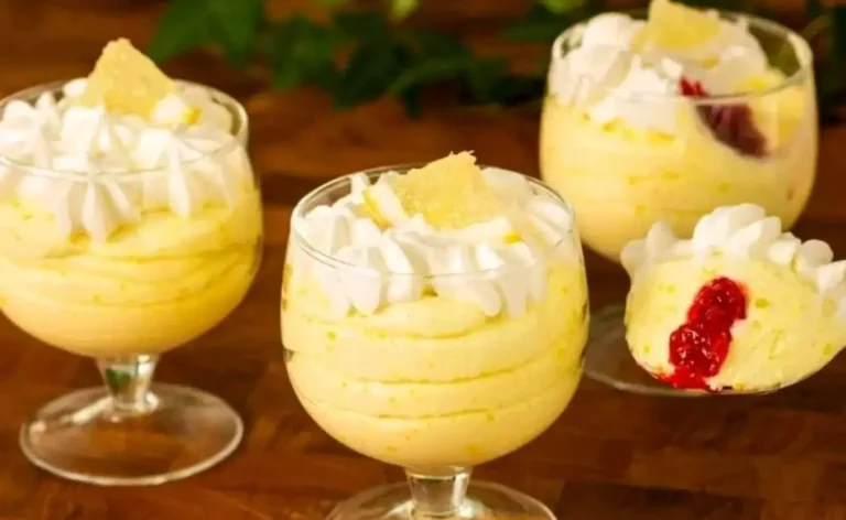 Mousse cremosa al limone con salsa di lamponi
