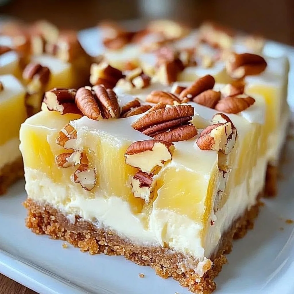 Barras de Cheesecake de Piña, Coco y Nueces Pecanas que sorprenderán tu paladar.