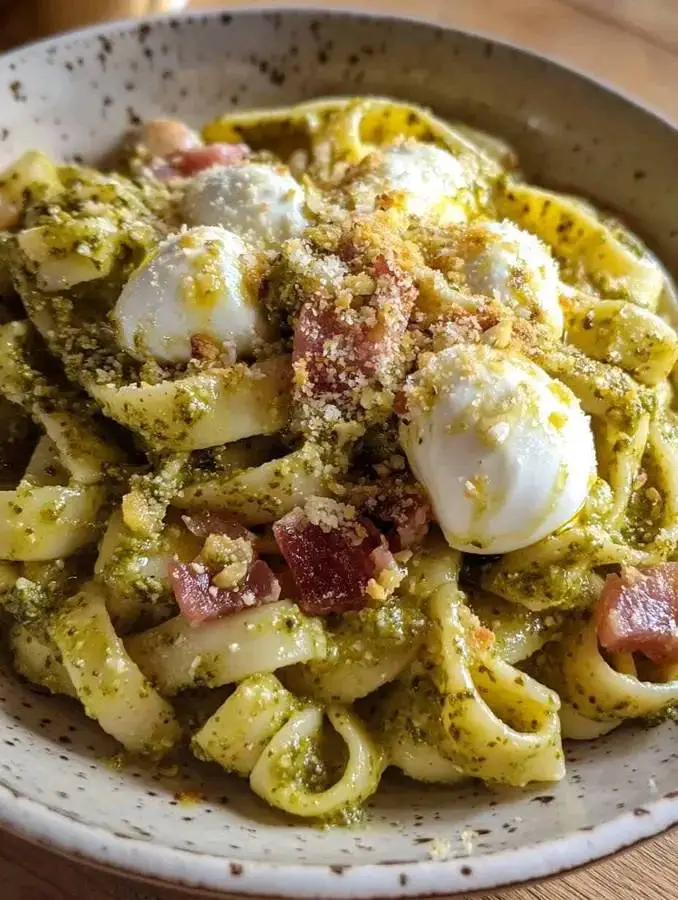 Fusilli di Gusto Linguine con Pesto di Pistacchi Bufala e Pancetta