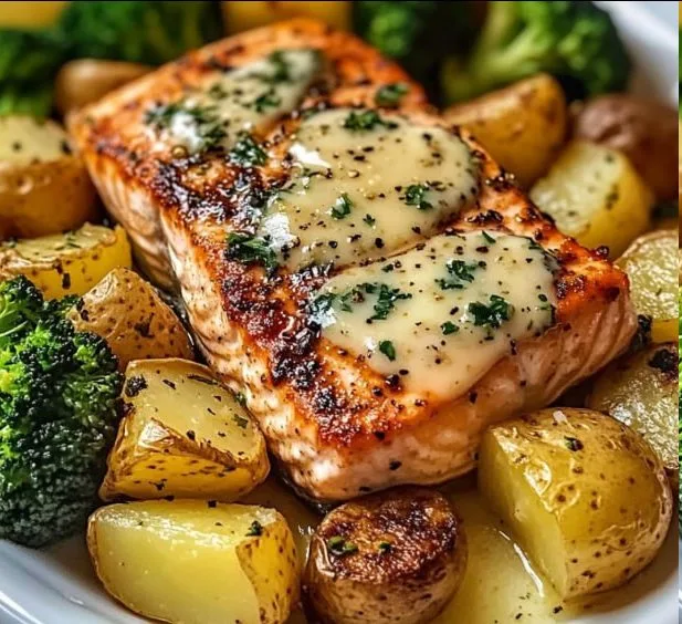 Salmón con Mantequilla de Limón, Patatas Crujientes y Brócoli