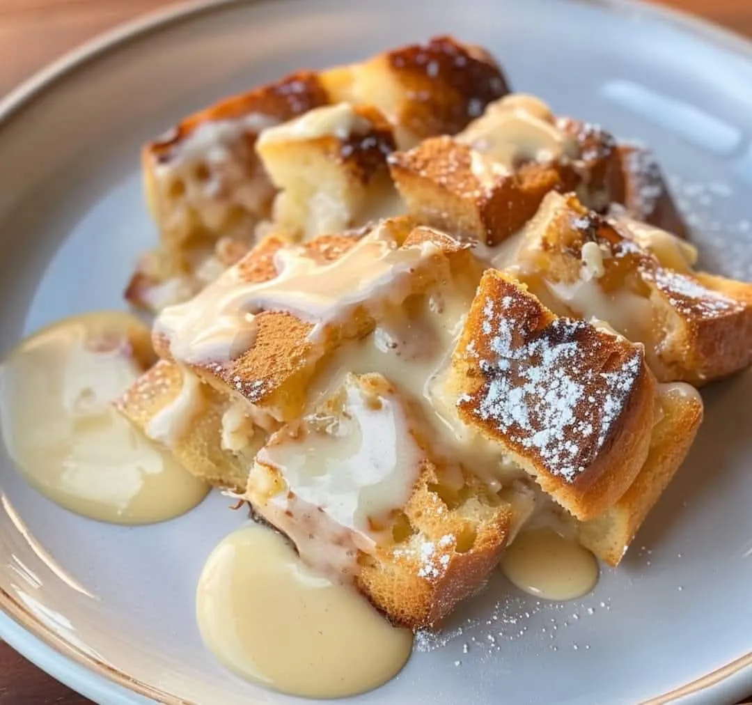 Budino di pane decadente con salsa alla vaniglia