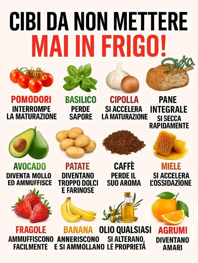 Cibi da non mettere mai in frigo