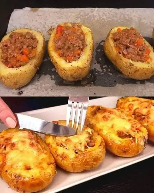 Papas dos veces horneadas con relleno de carne y queso
