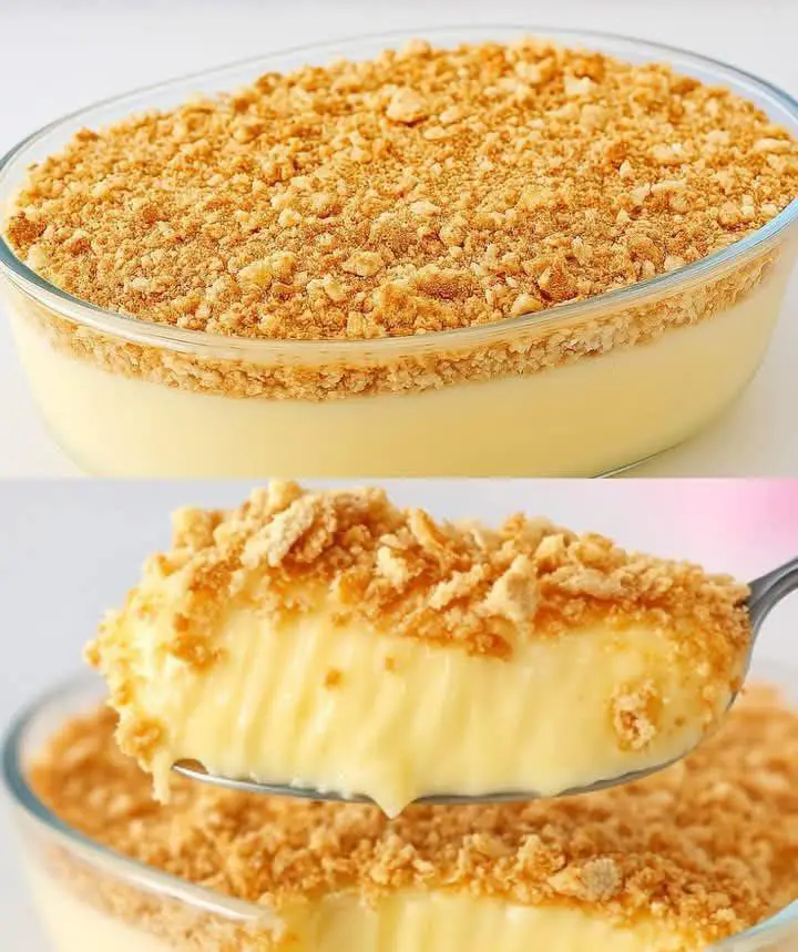 Delicioso pudín de vainilla con crujiente crumble de galleta
