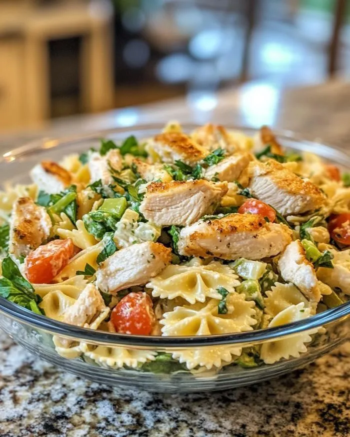 Ensalada de pasta con pollo César y moño